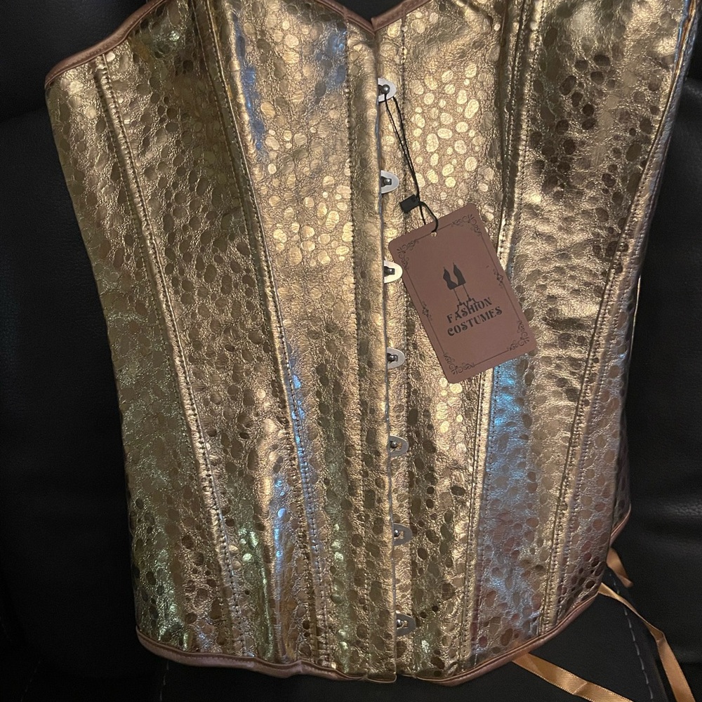 Metallic Gold Overbust Corset Top Leopard Print | Fashion/Costume Piece Size L